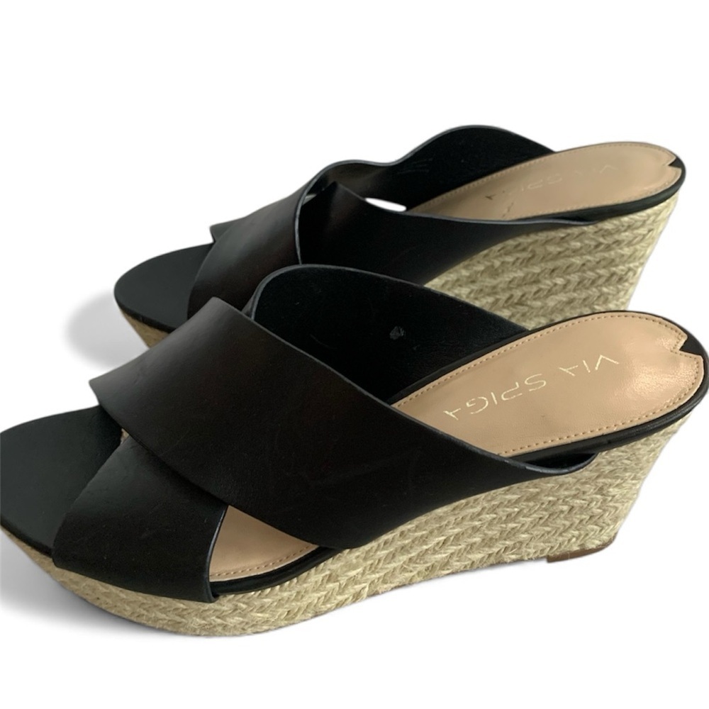 Via Spiga Black Leather Espadrille Sandal Wedges 8M